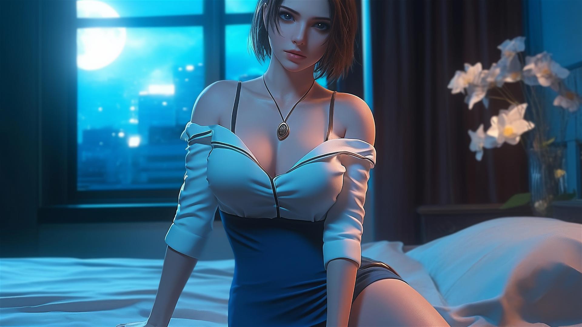 Jill Valentine in white pajamas resting in a moonlit modern hotel room