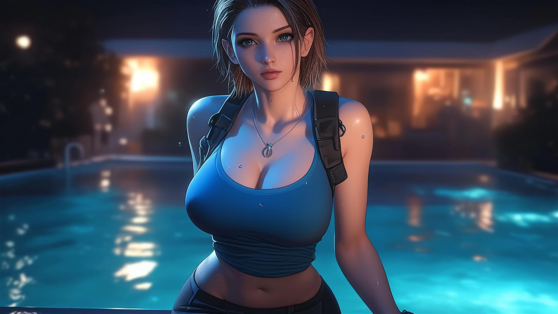 Jill Valentine panting heavily at a pool under moonlight