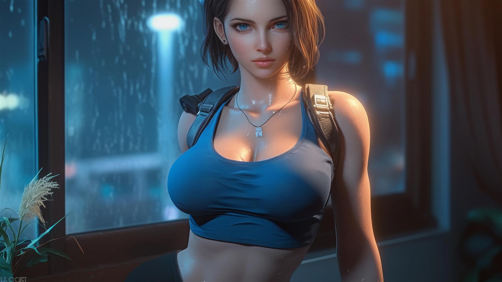 Jill Valentine from Resident Evil exhausted in a modern hotel with moonlight
