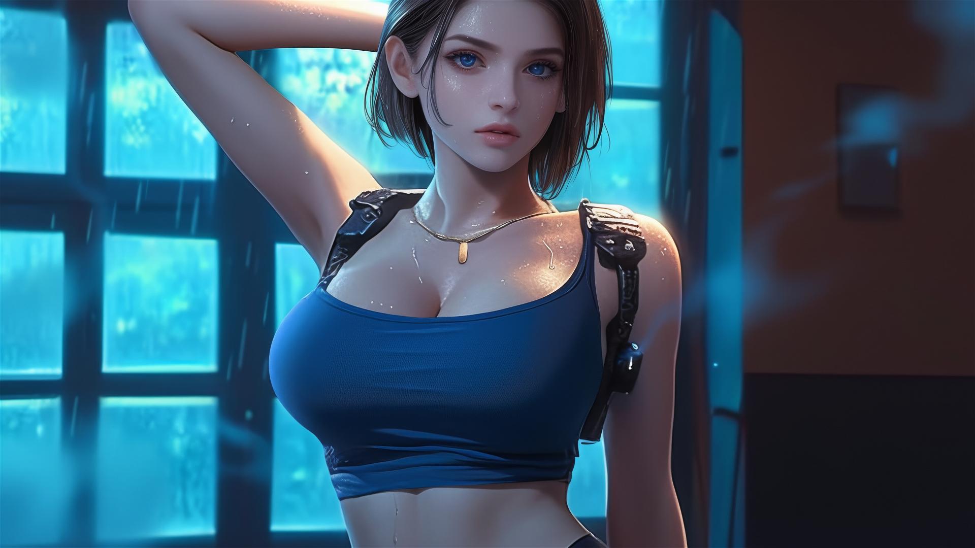 Jill Valentine panting heavily, drenched in sweat, in a modern hotel room with moonlight glow.