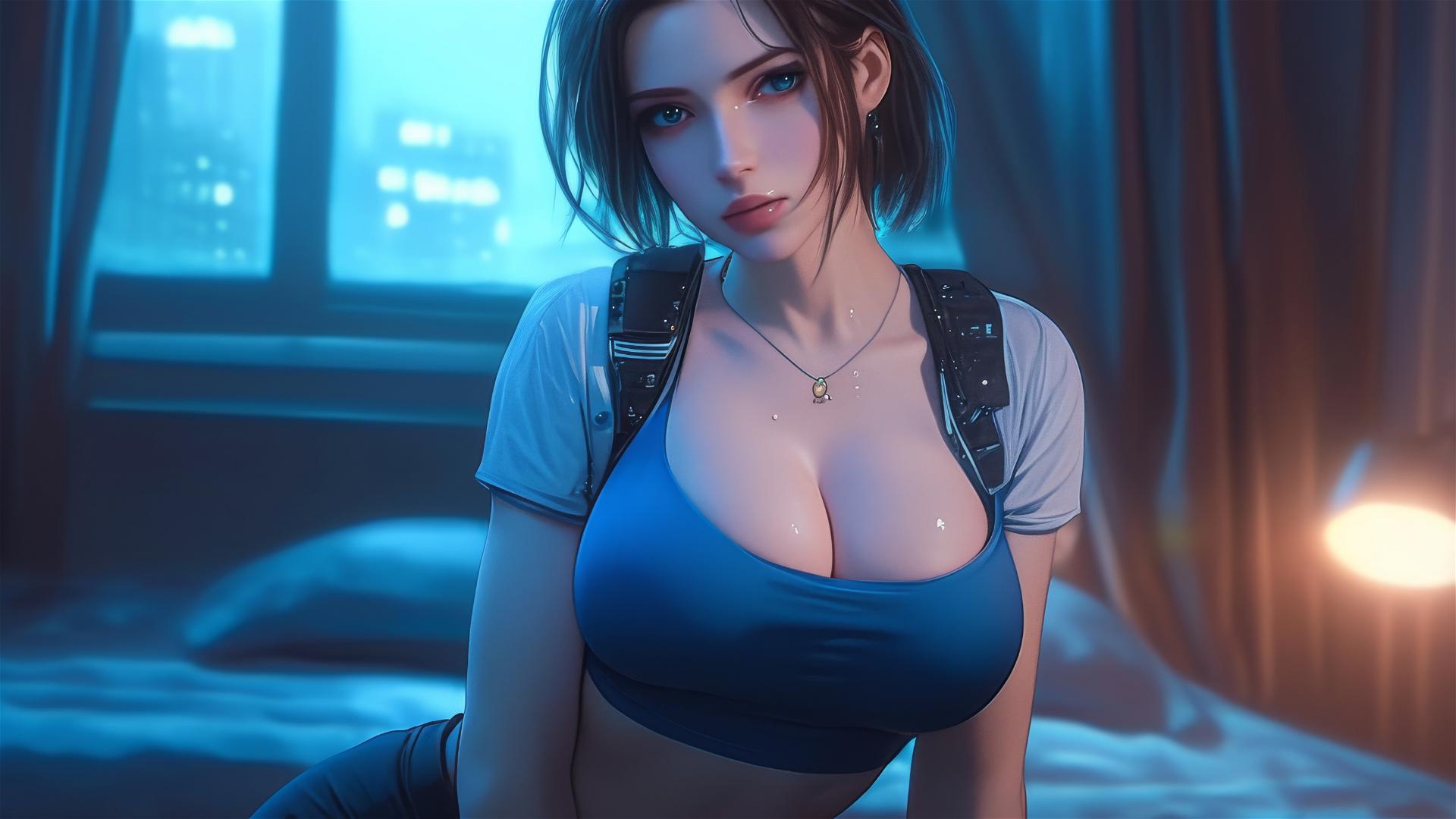 Jill Valentine exhausted in a modern hotel room under moonlight.