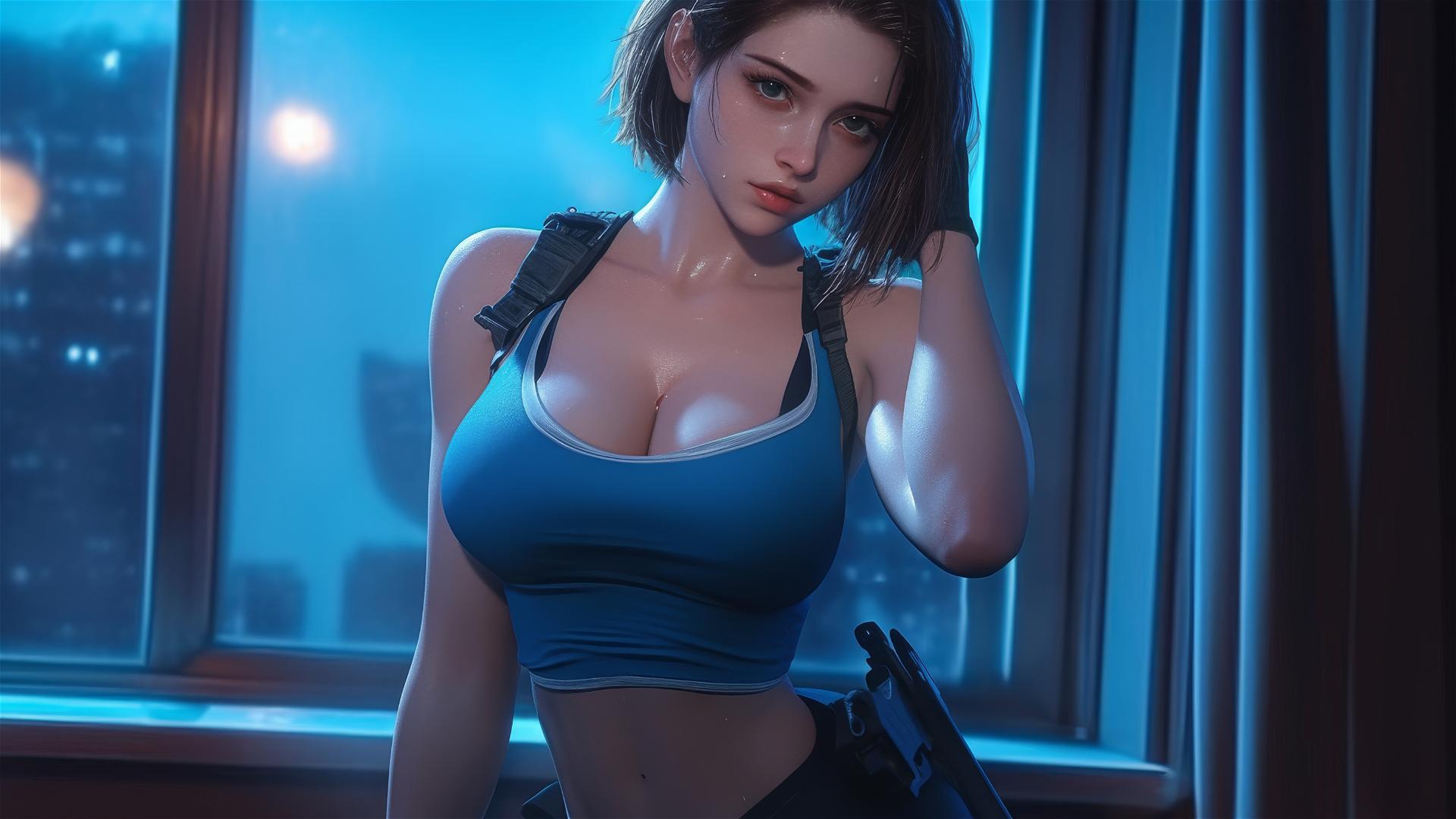 Jill Valentine sweating and exhausted in a modern hotel room with moonlight glow