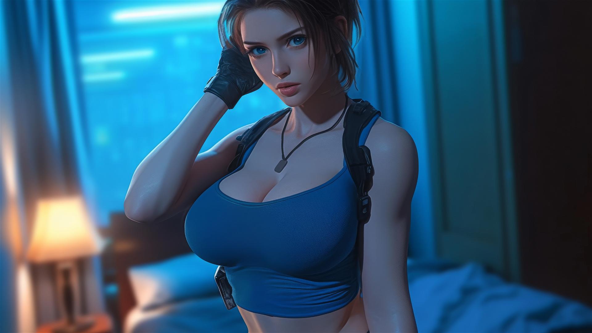 Jill Valentine panting heavily, drenched in sweat, in a modern hotel room with moonlight casting a glow.