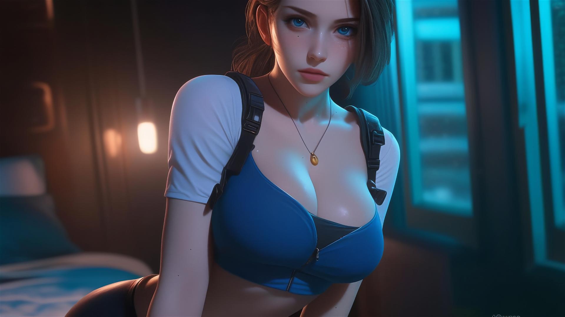 Jill Valentine panting heavily in a modern hotel room, moonlight casting a glow