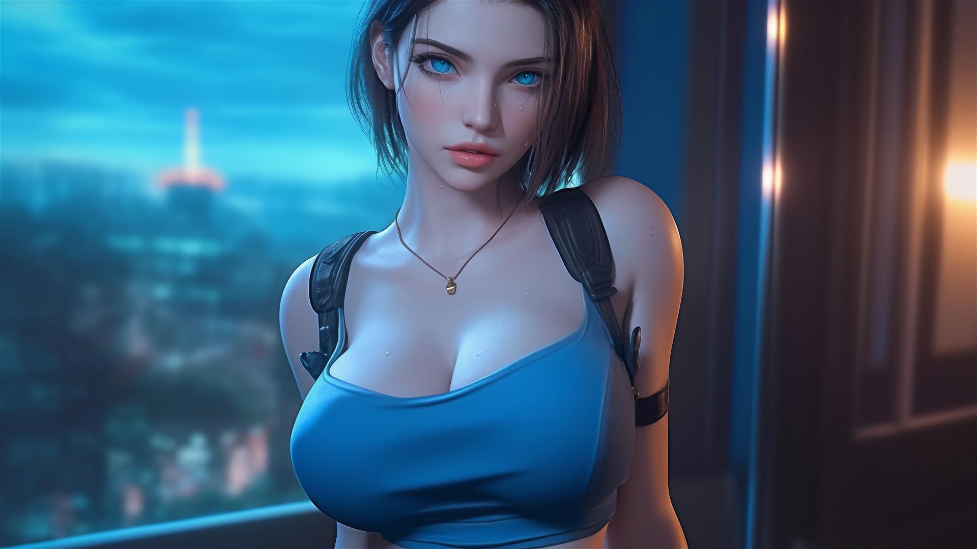 Jill Valentine from Resident Evil panting heavily in a modern hotel room