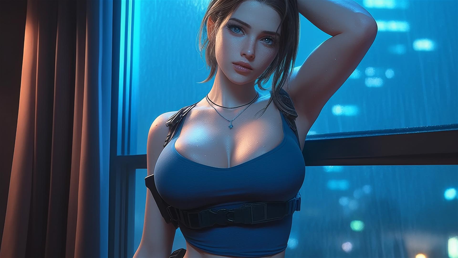 Jill Valentine panting heavily in a modern hotel room, moonlight glow