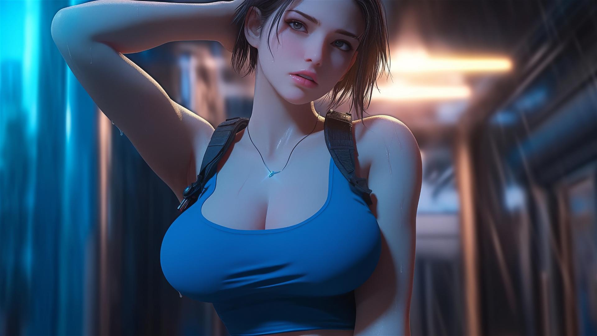 Jill Valentine panting and drenched in sweat in a modern hotel room, moonlight glowing