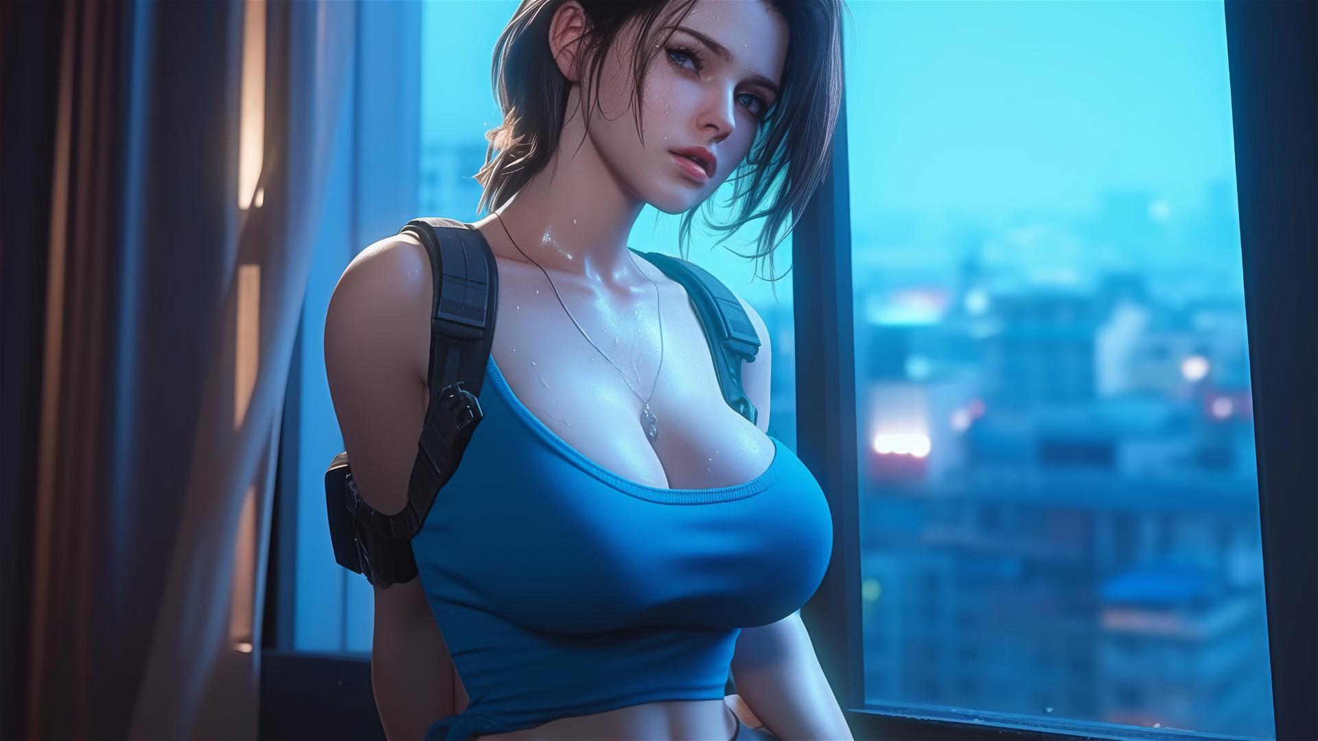 Jill Valentine exhausted and drenched in sweat in a hotel room with moonlight glow