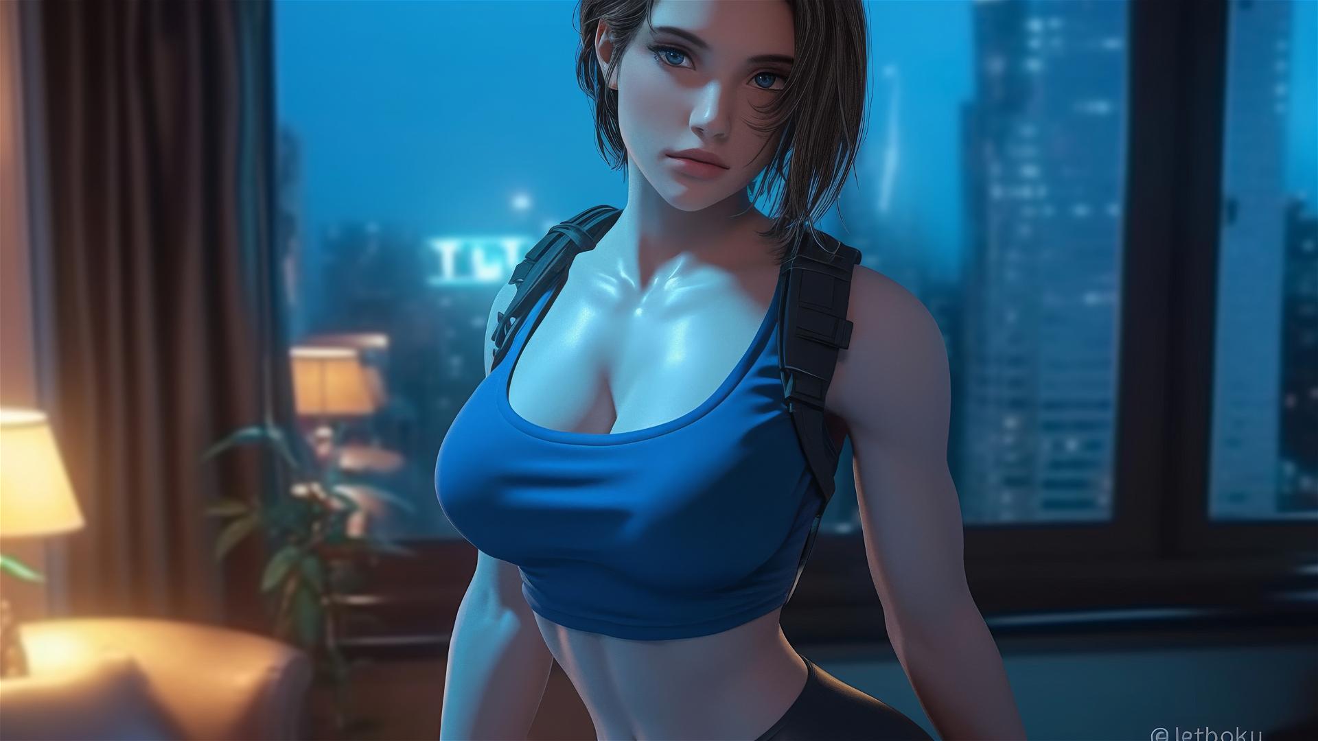 Jill Valentine panting heavily, drenched in sweat, in a modern hotel room with moonlight glow.