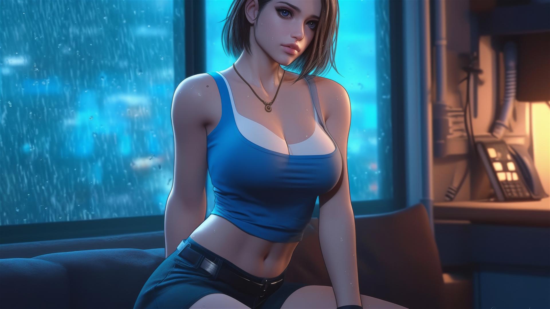 Jill Valentine panting heavily in a modern hotel room, moonlight glow