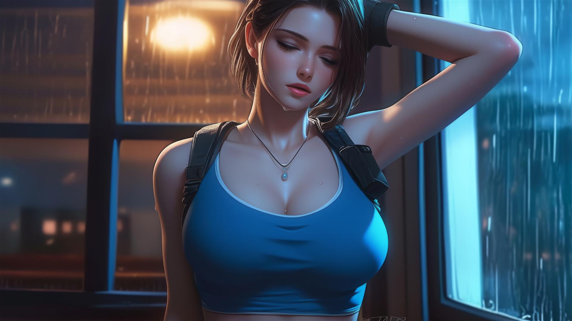 Jill Valentine panting heavily, drenched in sweat, in a modern hotel room under moonlight.