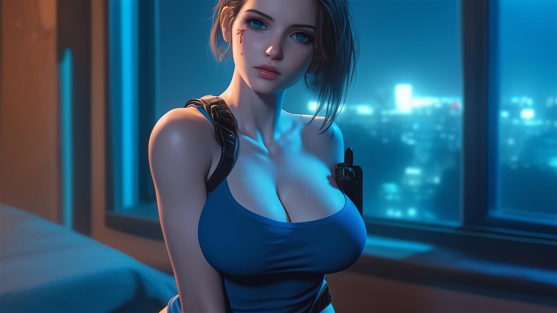 Jill Valentine panting heavily in a modern hotel room, bathed in moonlight.