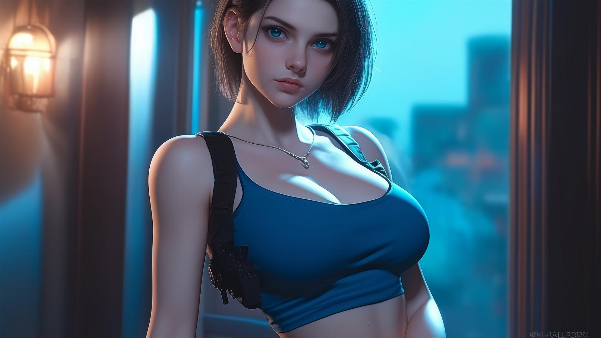 Jill Valentine panting heavily in a modern hotel room, drenched in sweat with moonlight glow.