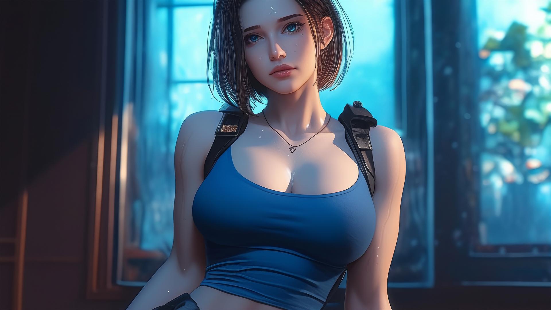Jill Valentine panting heavily, drenched in sweat, exhausted in a modern hotel room with moonlight glow