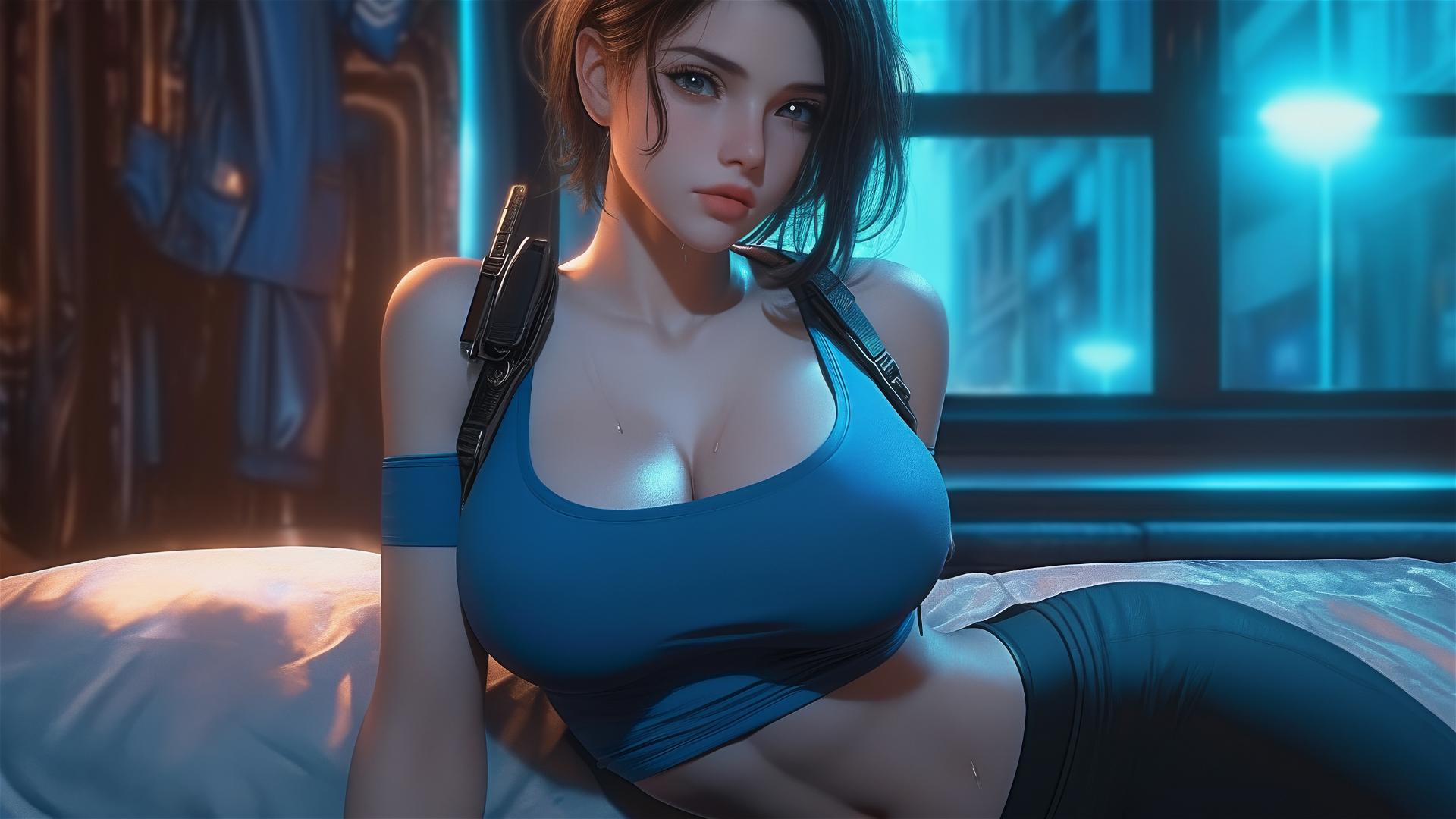 Jill Valentine resting in a modern hotel, panting and covered in sweat.