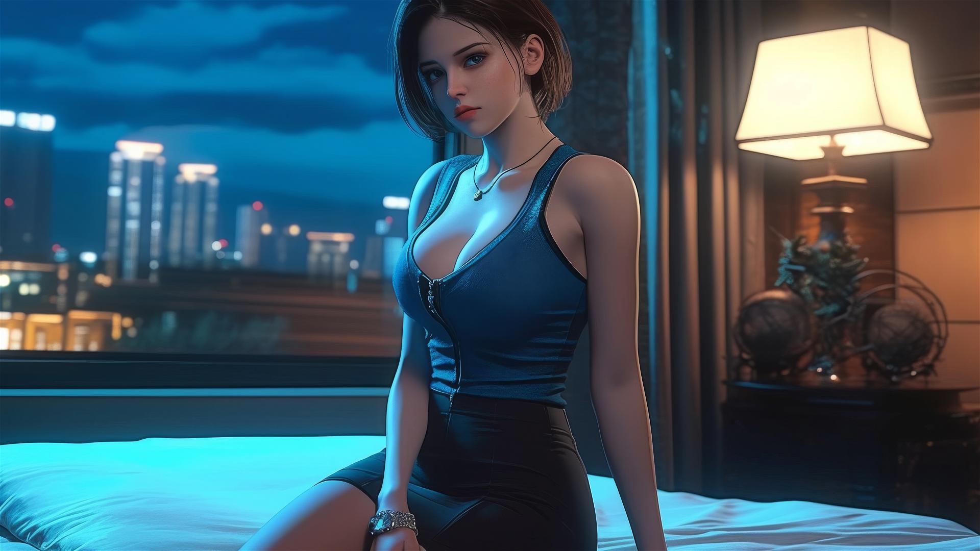 Jill Valentine resting in a modern hotel room with moonlight glow