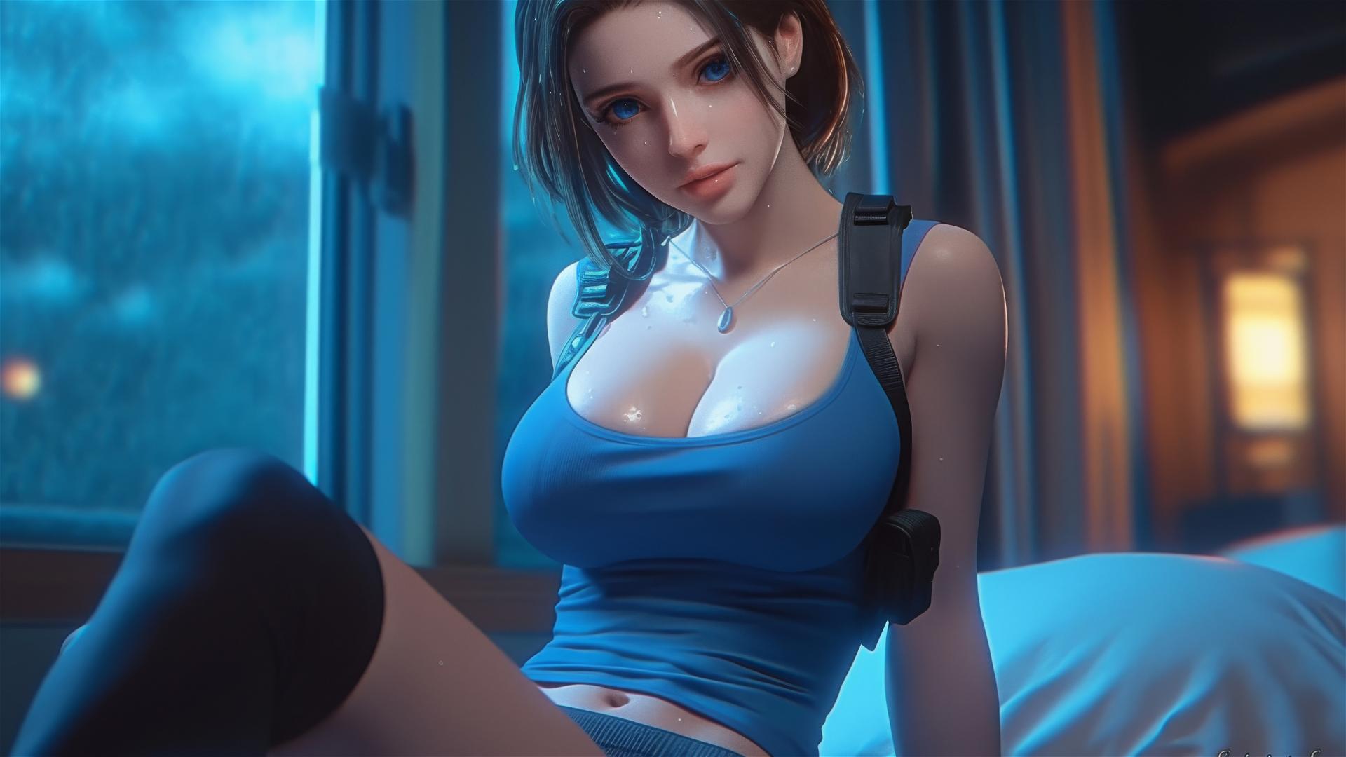 Jill Valentine panting in sweat, resting in a modern hotel room under moonlight
