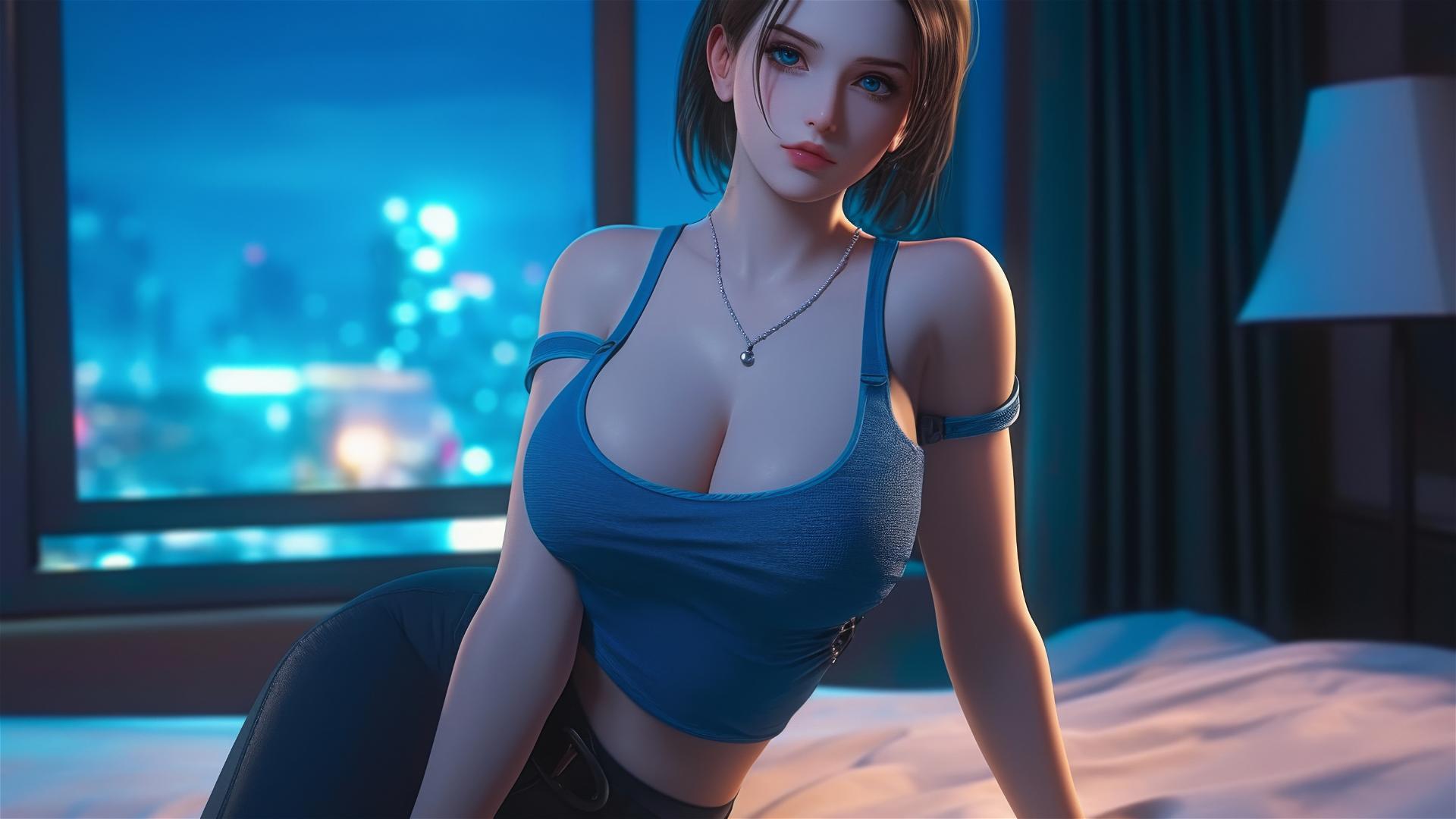 Jill Valentine resting in a modern hotel room with moonlight glow