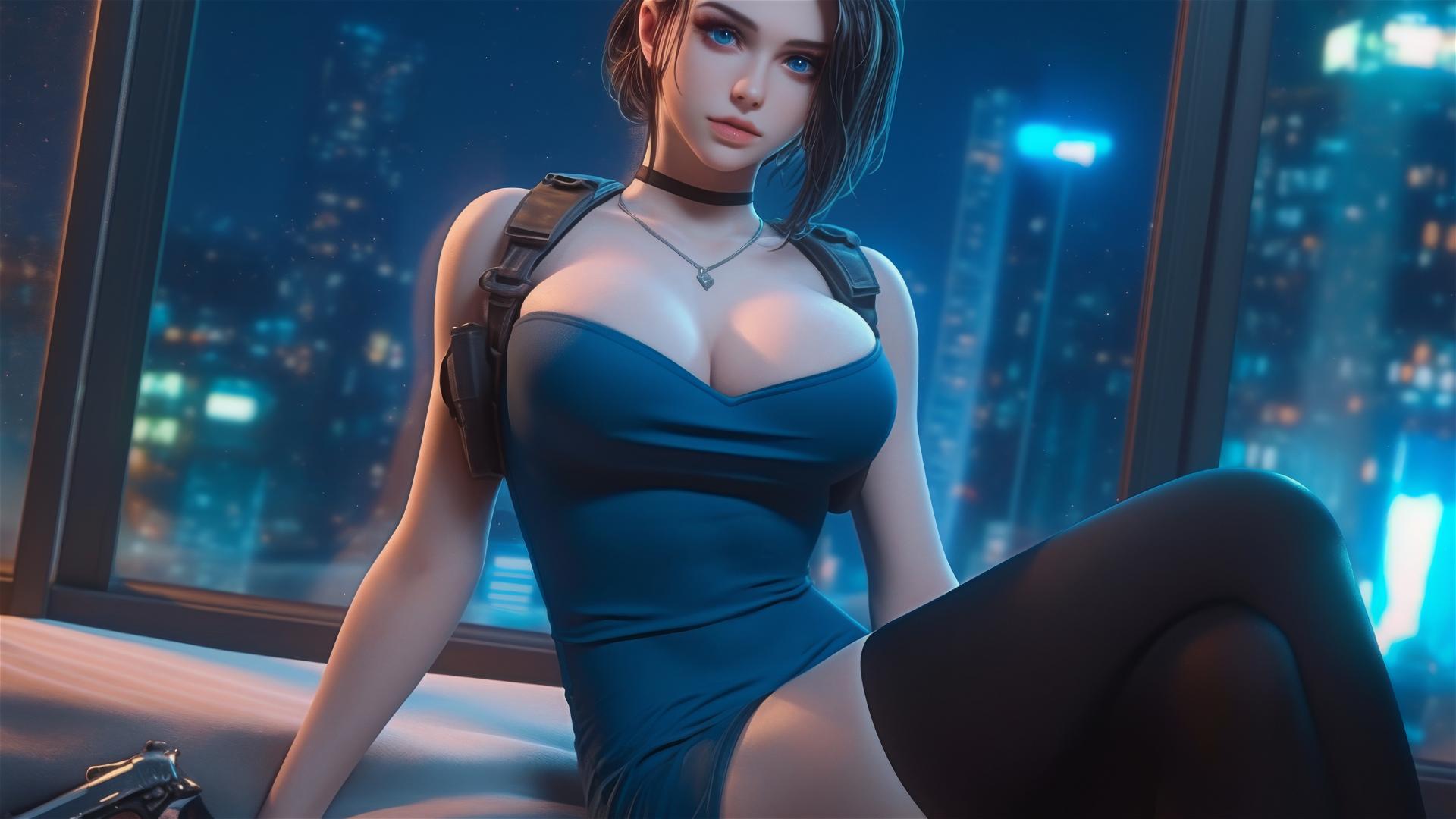 Jill Valentine resting in a modern hotel room with moonlight glow