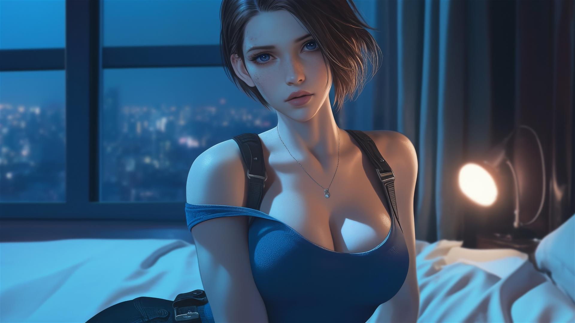 Jill Valentine resting in a modern hotel room under moonlight