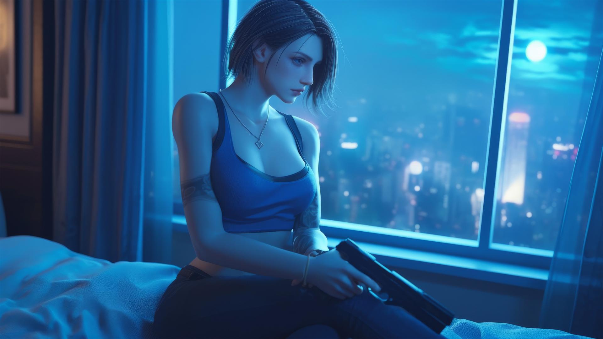 Jill Valentine resting in a modern hotel room, moonlight casting a soft glow