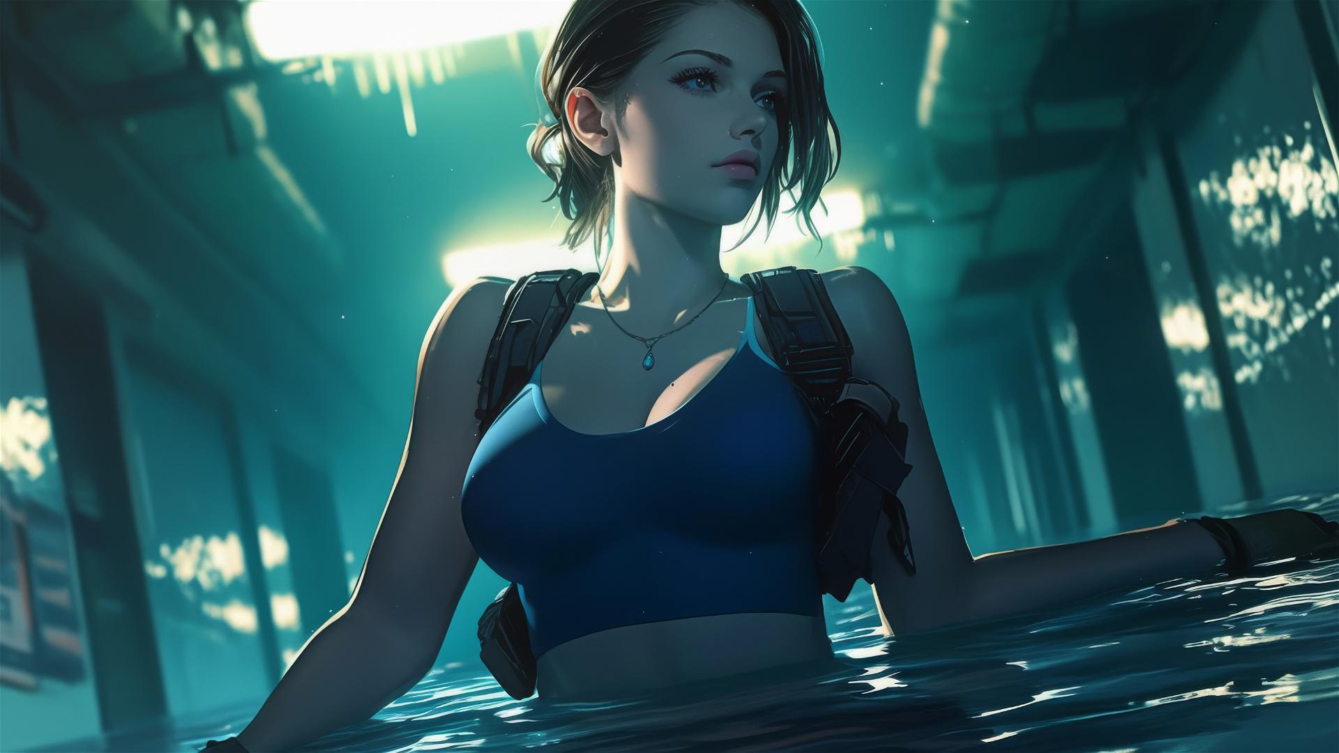 Jill Valentine stands in a rainy swimming pool under moonlight.
