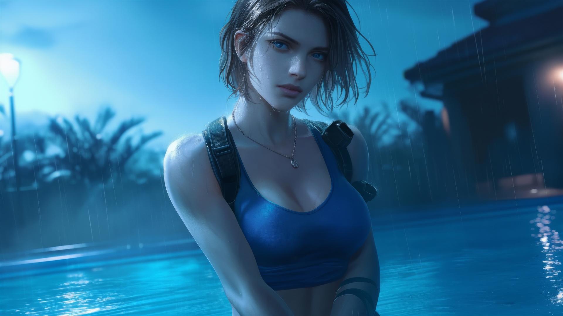 Jill Valentine in a rainy pool with moonlight glow