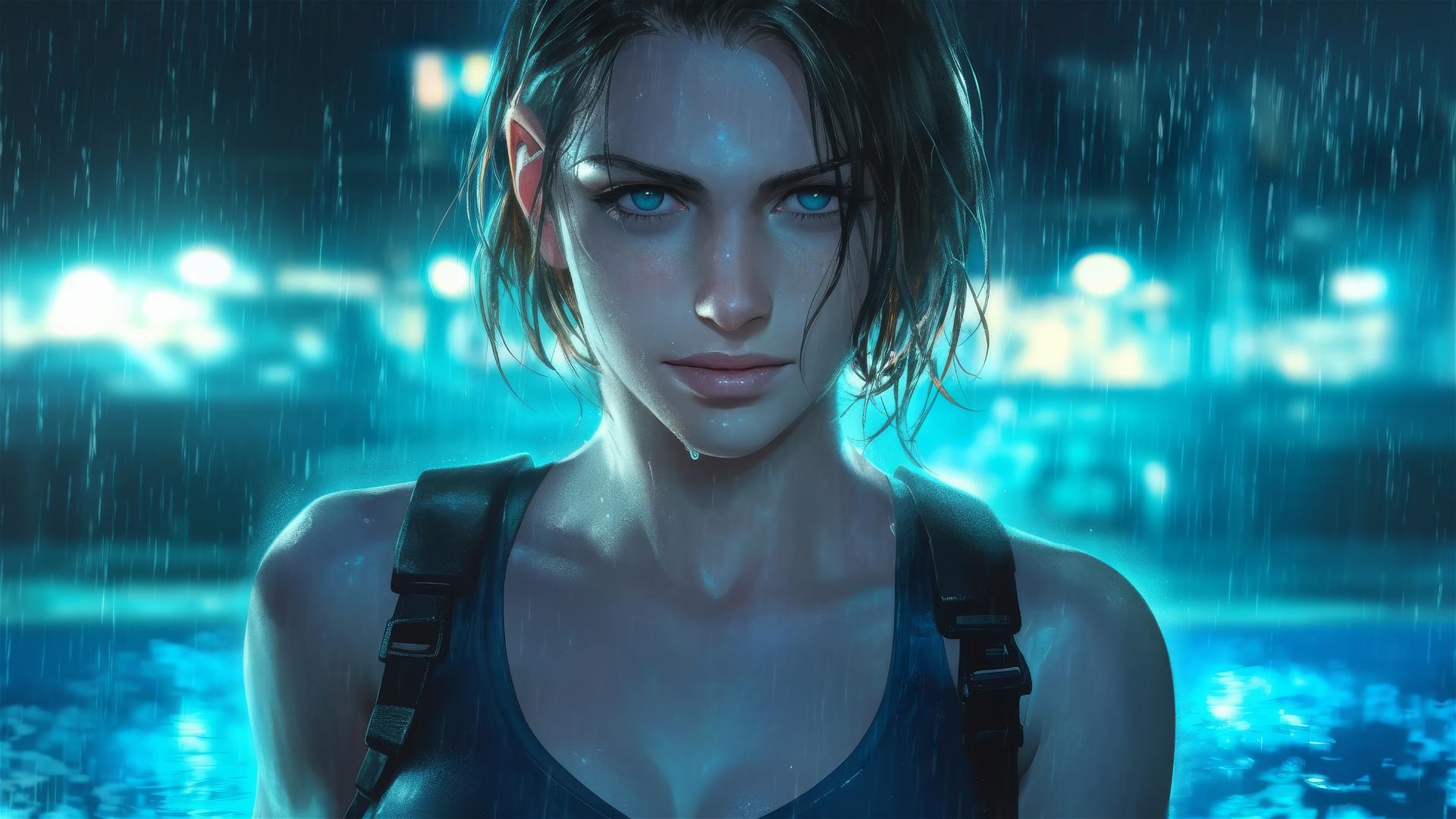 Jill Valentine standing in rainy swimming pool under moonlight