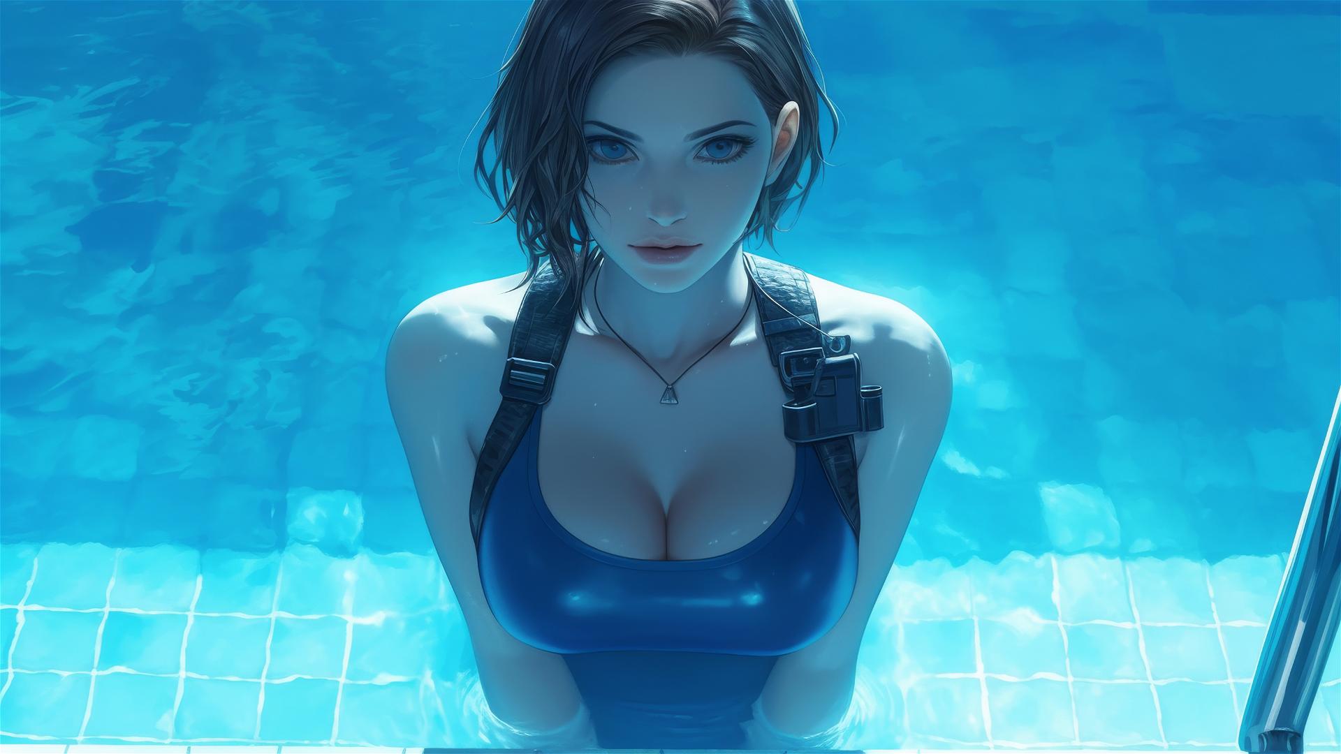 Jill Valentine in rainy pool under moonlight