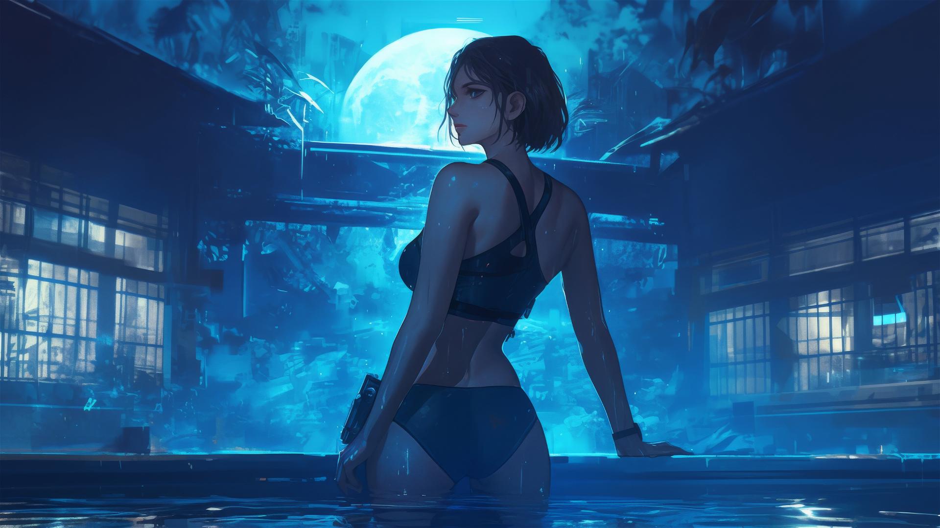 Jill Valentine standing in a rainy swimming pool under moonlight