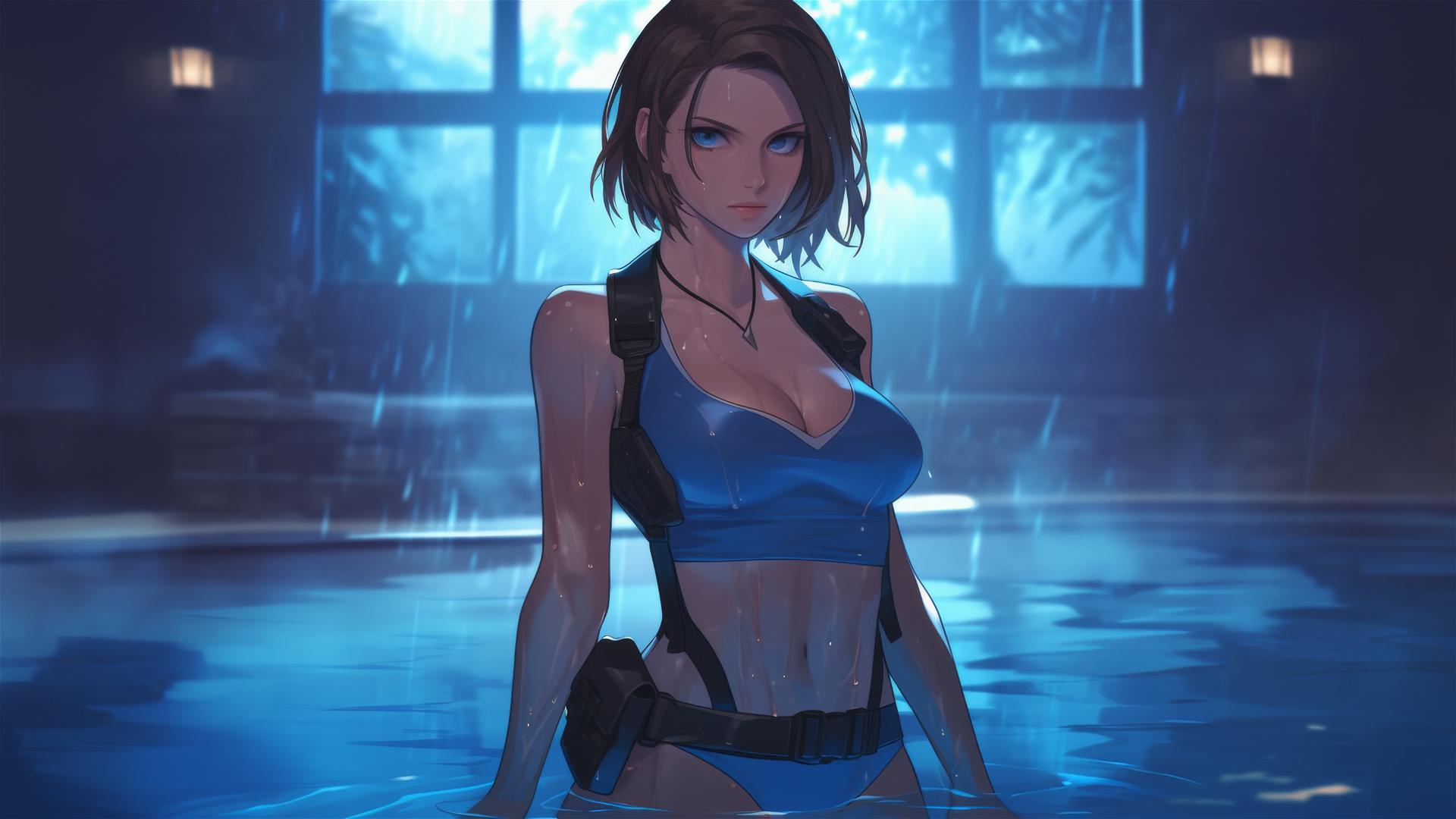 Jill Valentine stands in a rainy swimming pool, moonlight glowing on her