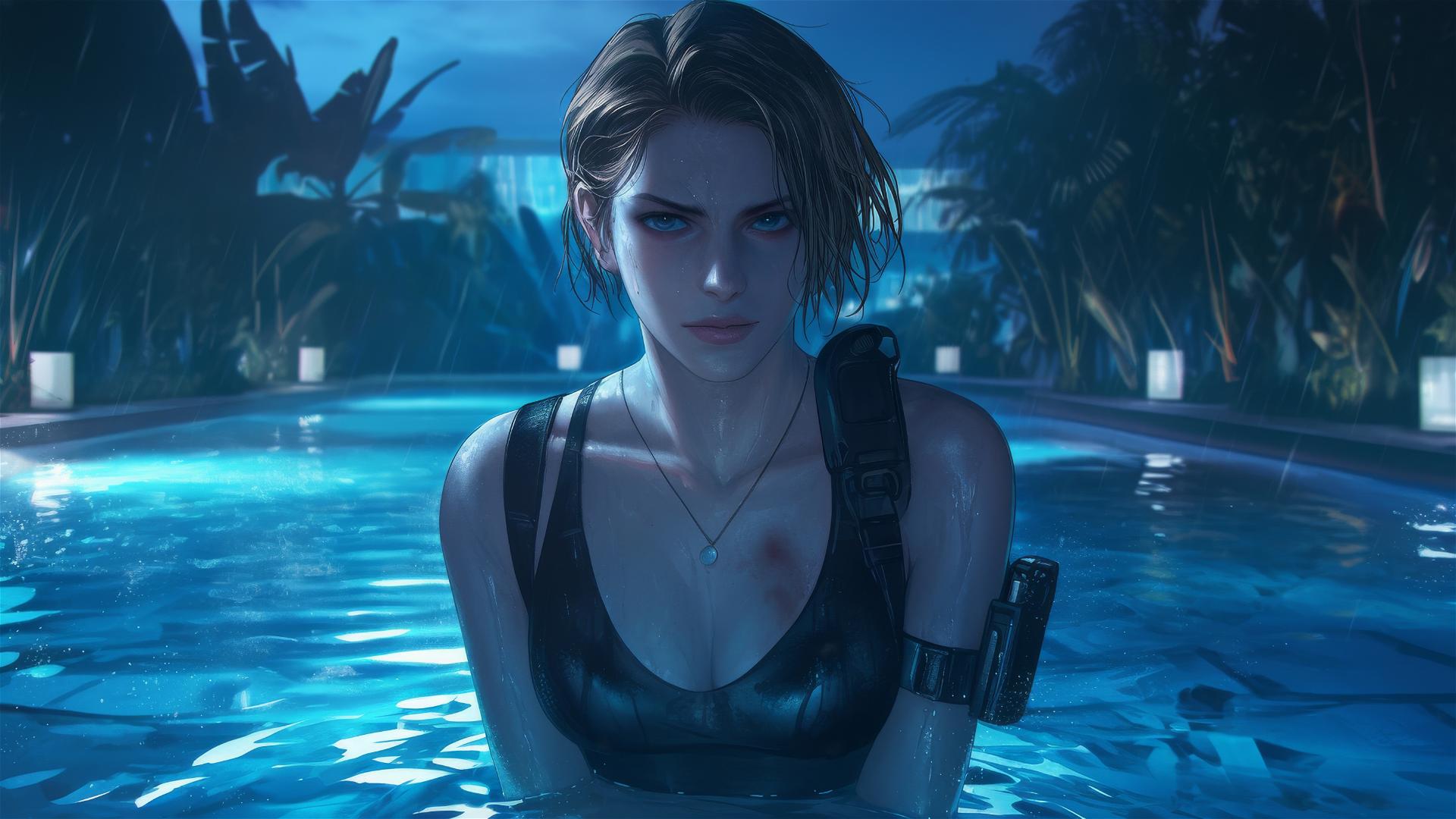 Jill Valentine stands in a rainy swimming pool under soft moonlight