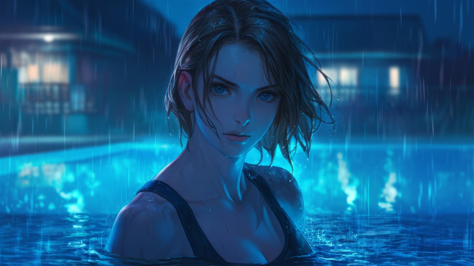 Jill Valentine in a rainy swimming pool under moonlight
