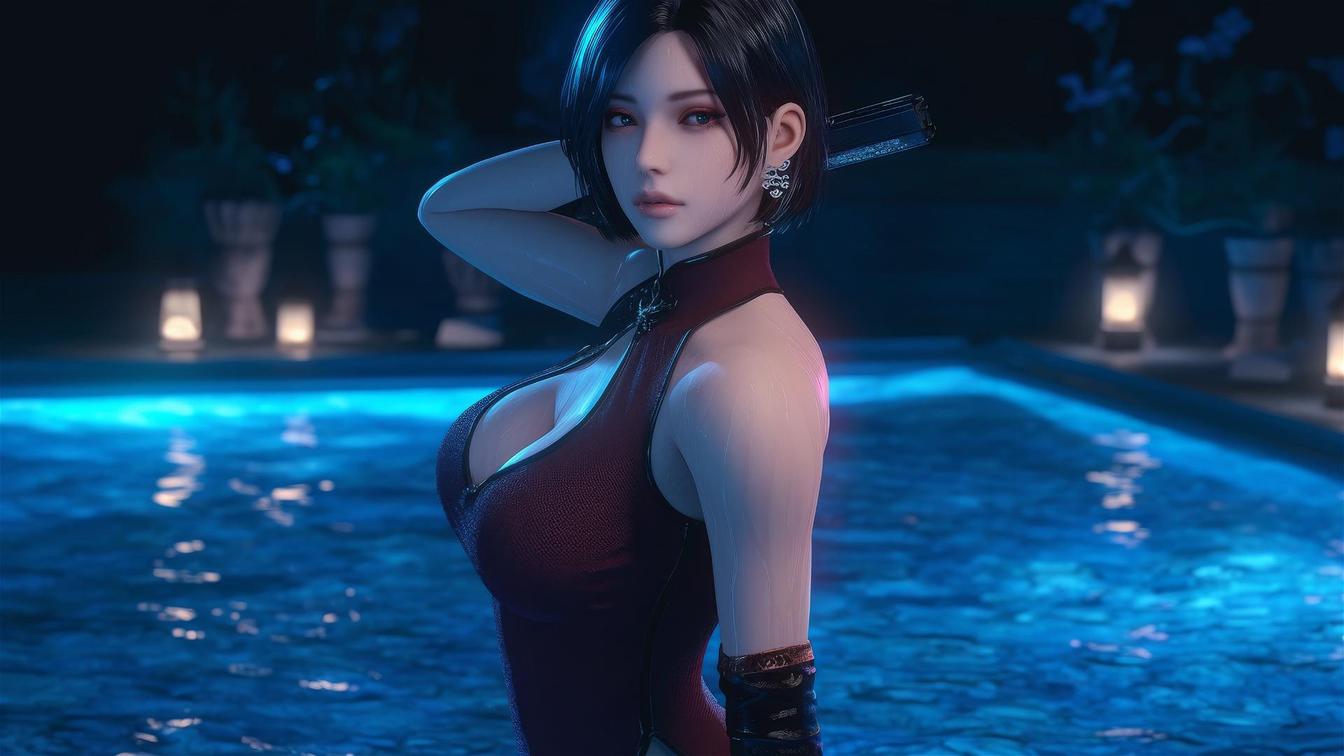 Ada Wong standing in a rainy swimming pool under moonlight