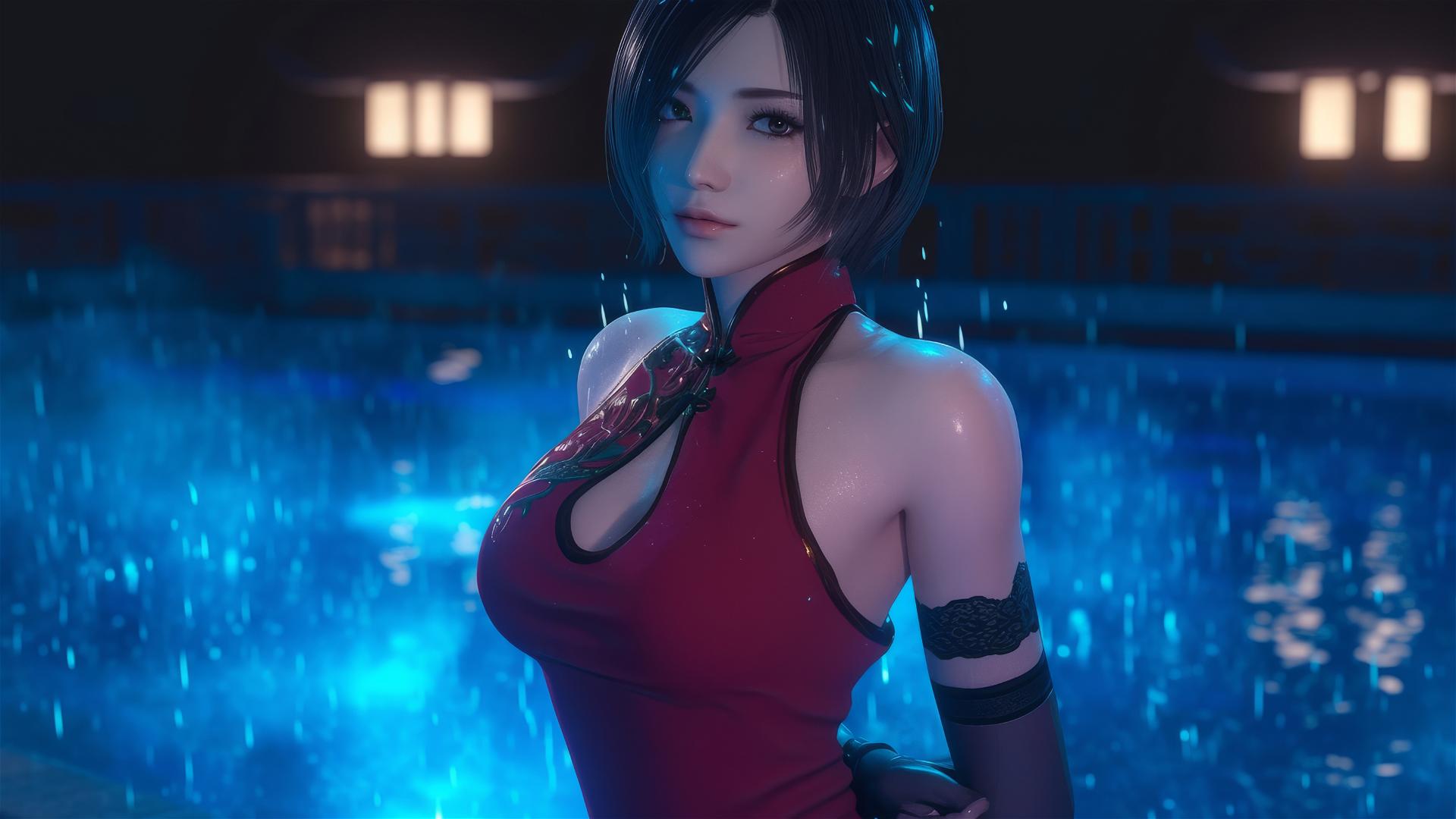 Ada Wong standing in a rainy swimming pool illuminated by moonlight from Resident Evil.