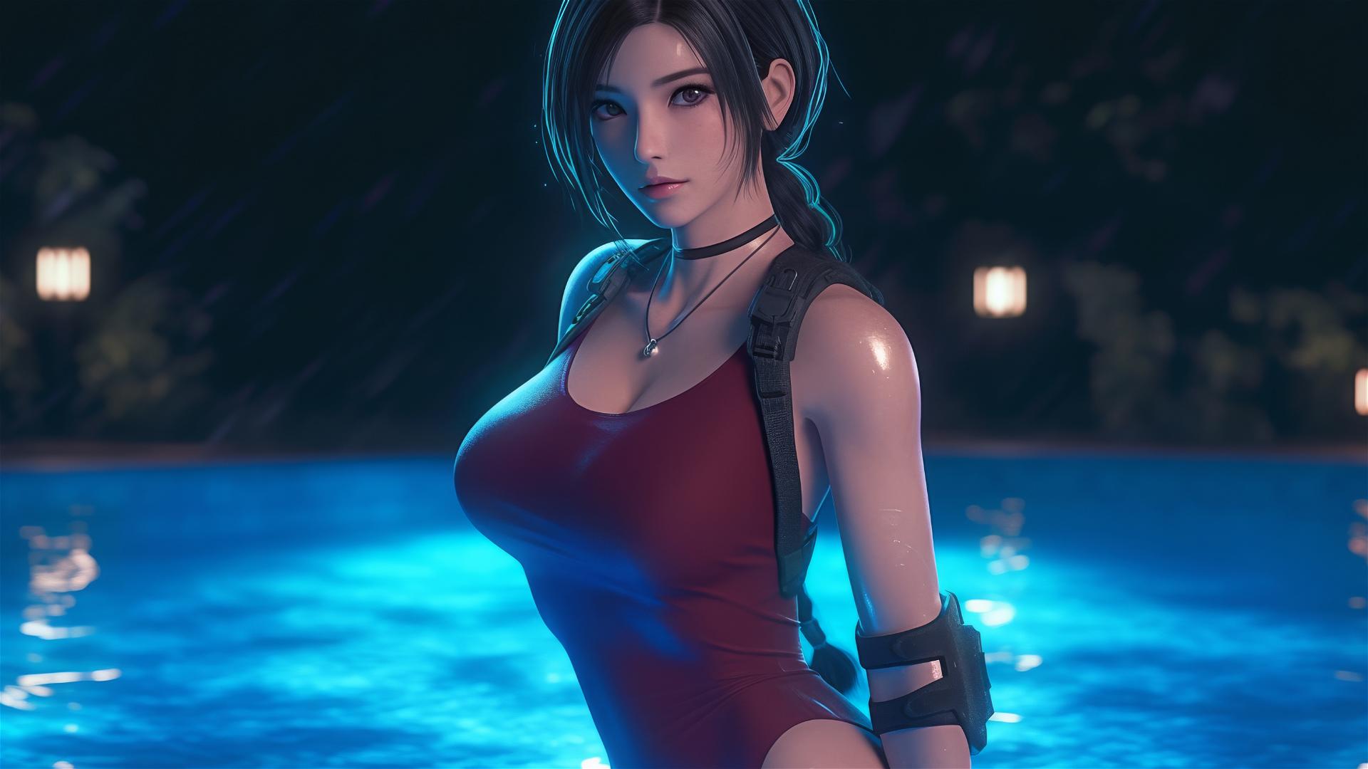 Ada Wong from Resident Evil standing in a rainy swimming pool under moonlight.