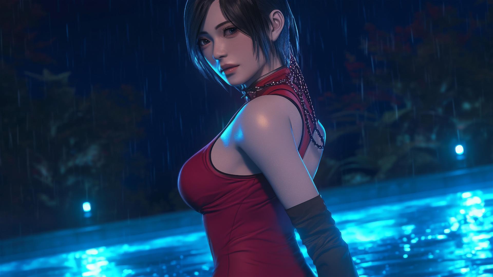 Ada Wong from Resident Evil standing in a rainy swimming pool under moonlight
