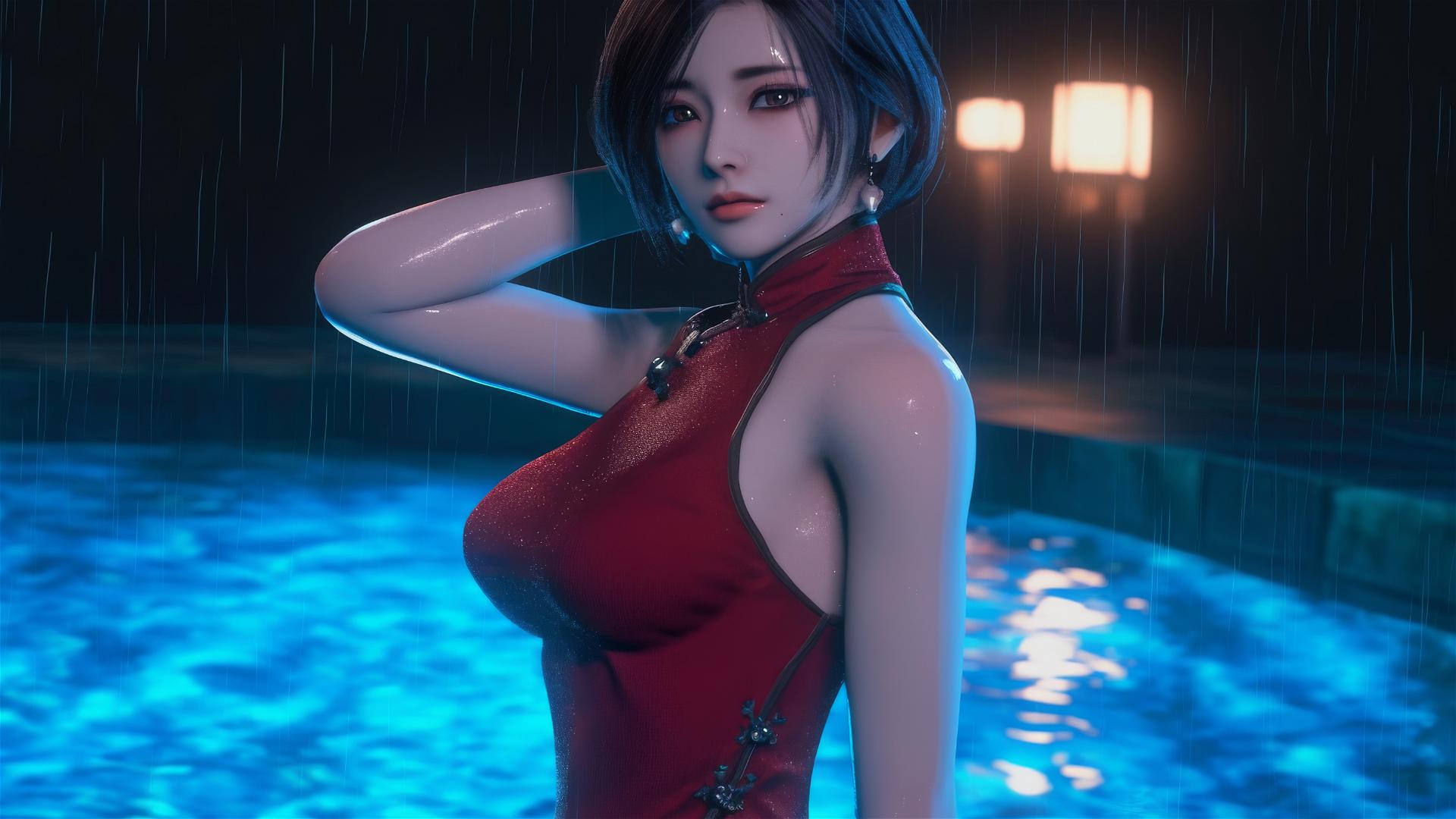 Ada Wong stands in rainy swimming pool under moonlight
