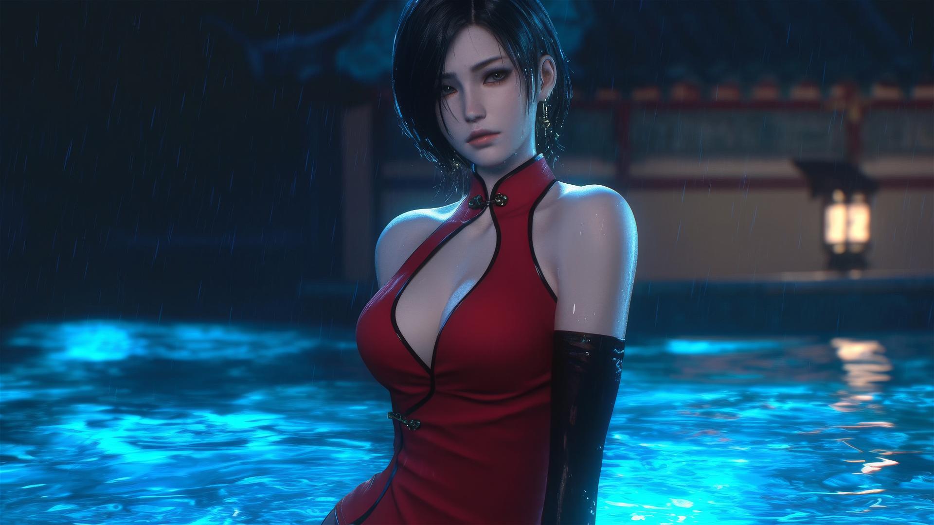 Ada Wong standing in a rainy swimming pool under moonlight