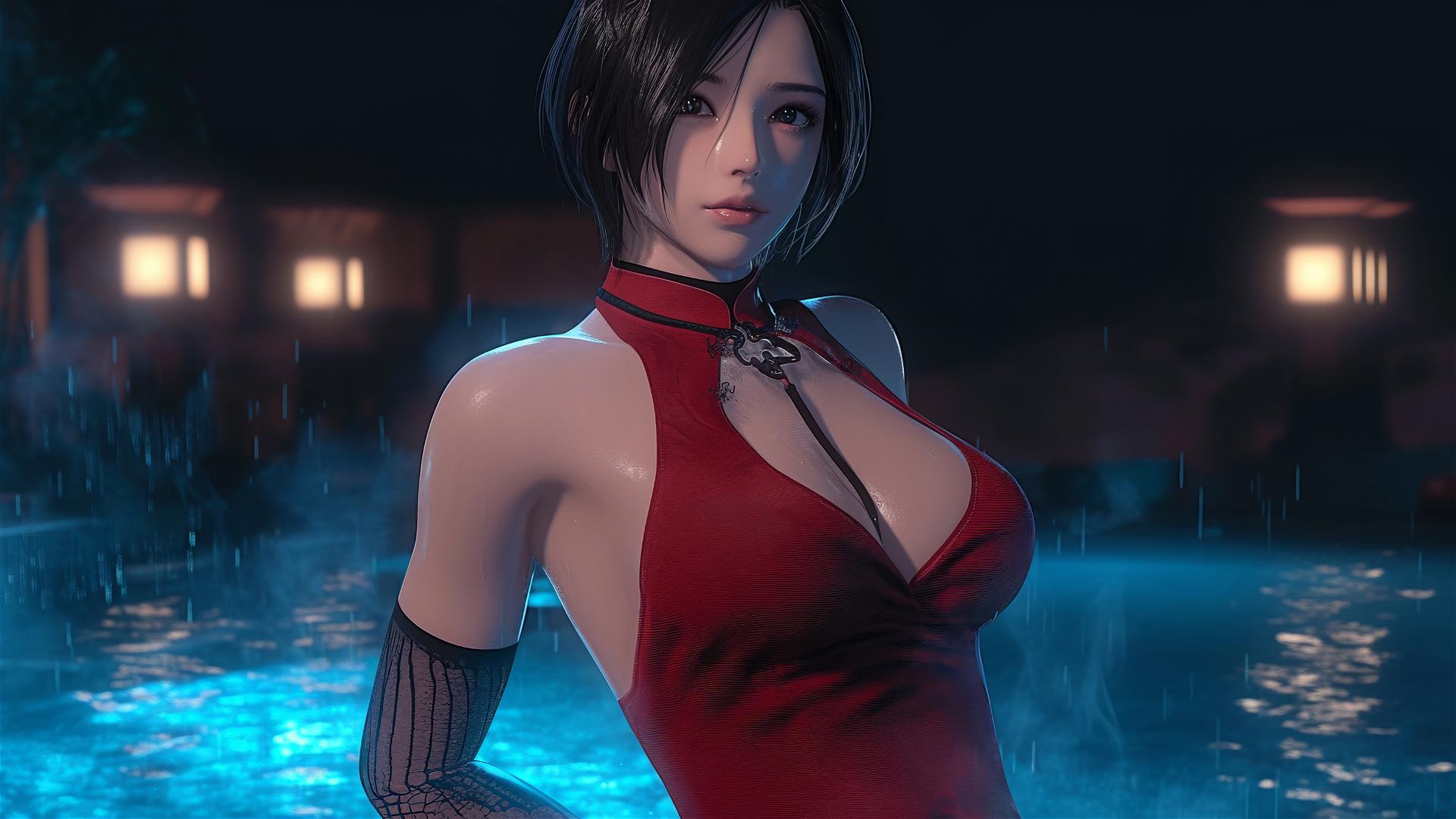 Ada Wong from Resident Evil standing in a rainy swimming pool under moonlight.