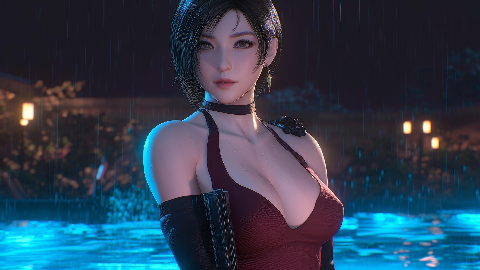 Ada Wong from Resident Evil standing in a rainy swimming pool under moonlight