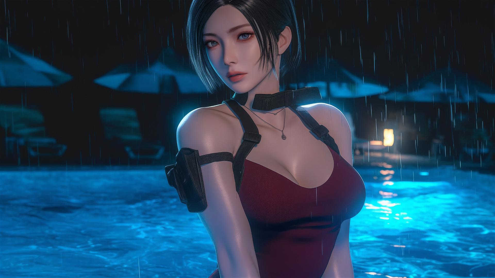 Ada Wong stands in rainy swimming pool under moonlight glow