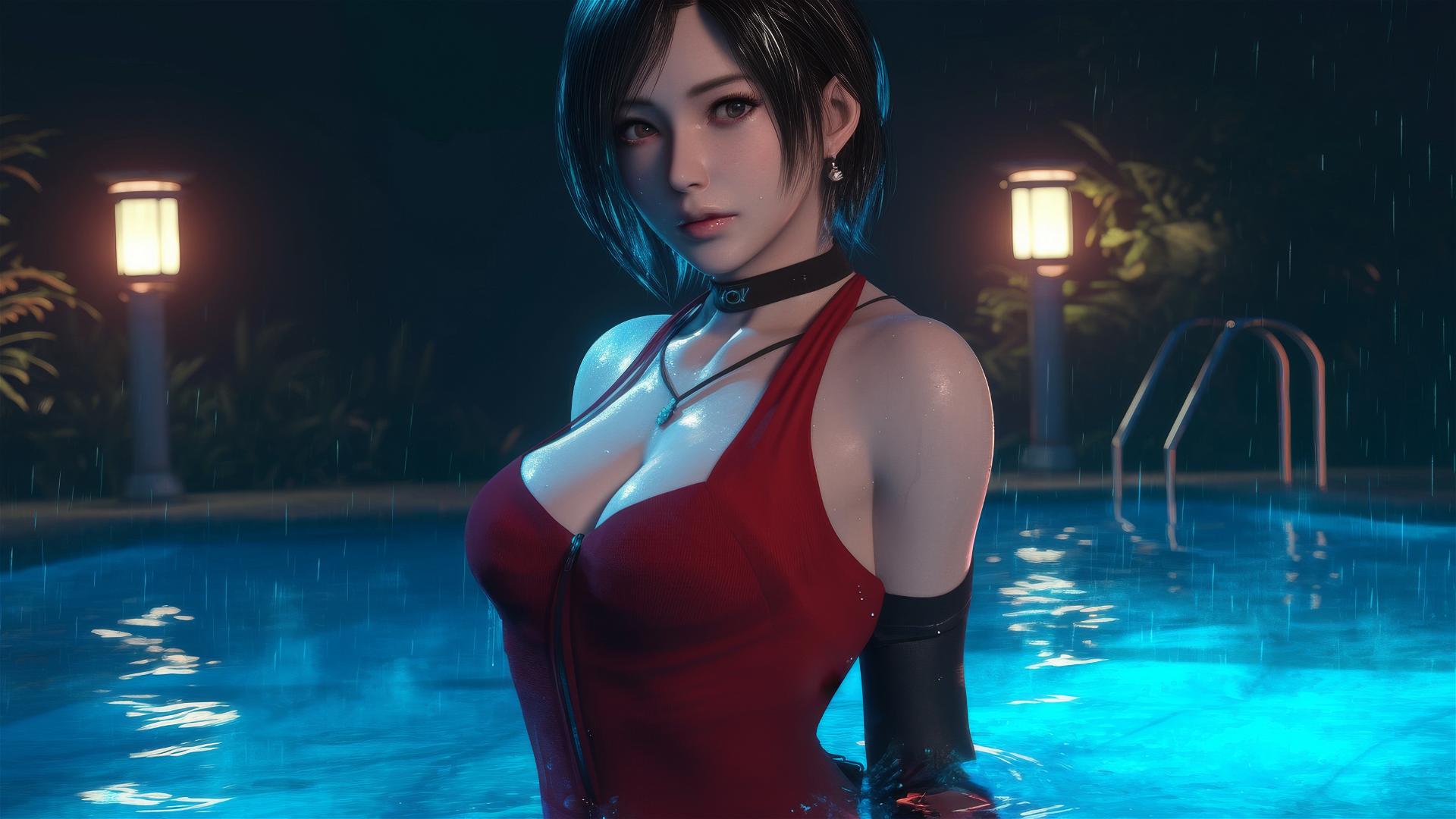 Ada Wong standing in a rainy swimming pool with soft moonlight glow