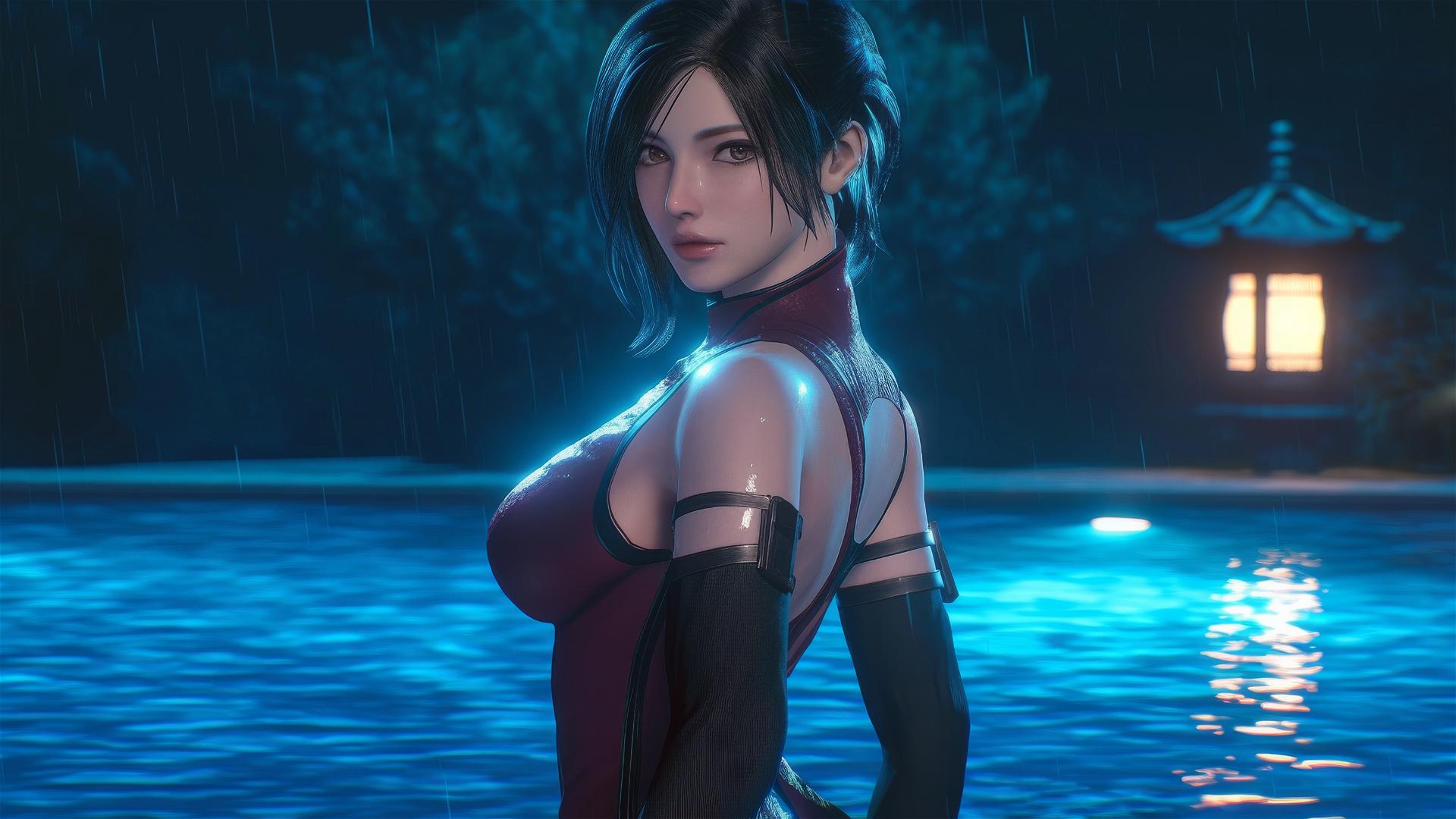 Ada Wong stands in a rainy pool under moonlight.