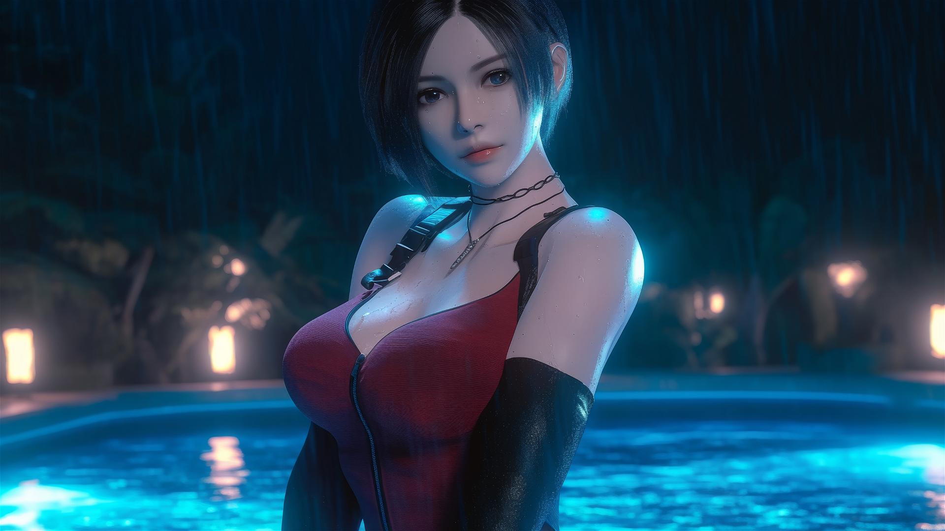 Ada Wong from Resident Evil standing in a rainy swimming pool under moonlight