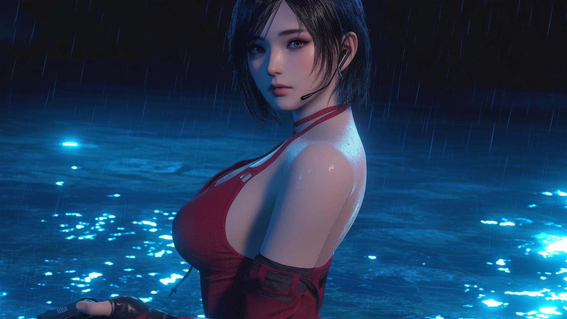 Ada Wong from Resident Evil in a rainy swimming pool lit by moonlight