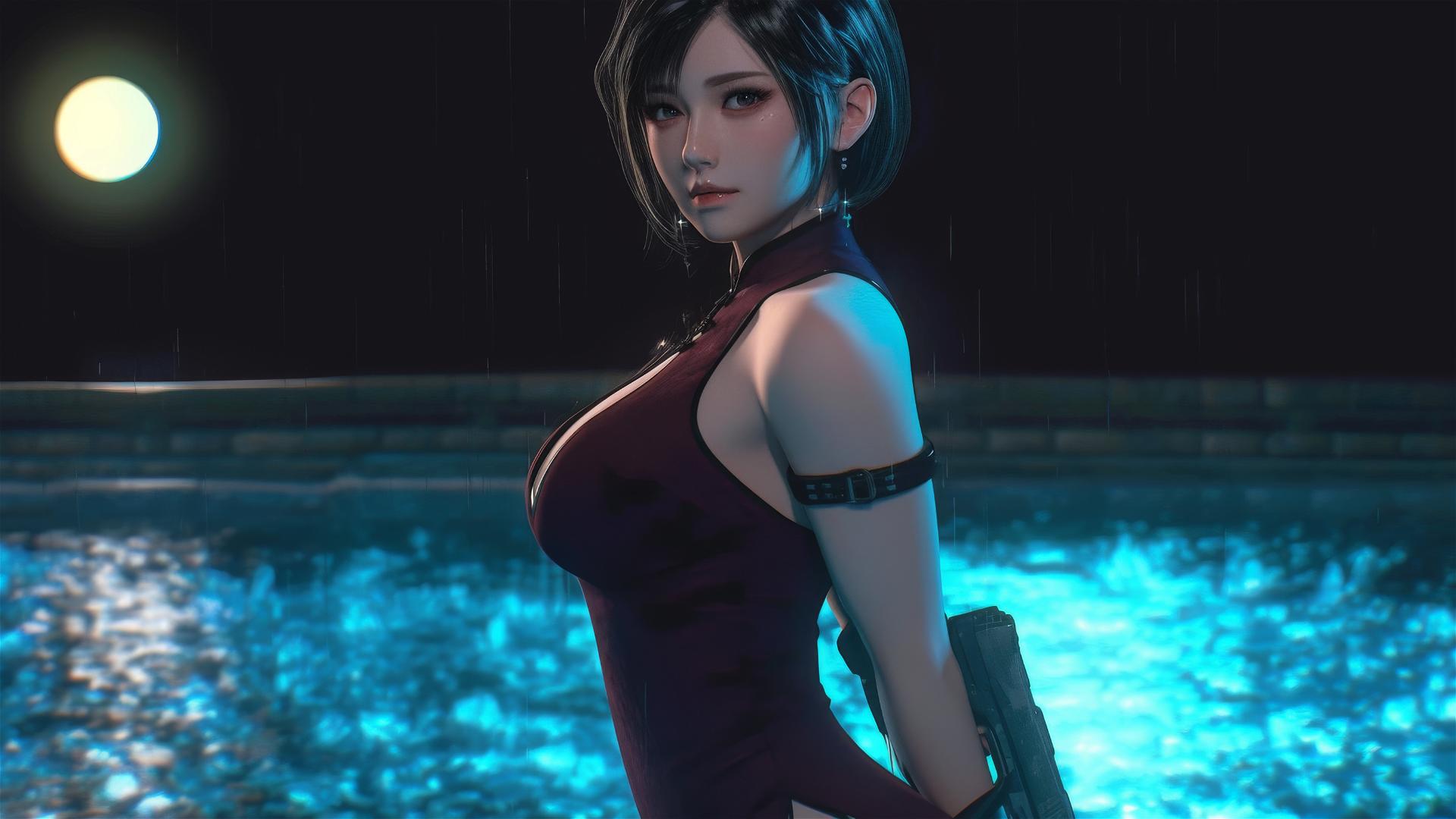 Ada Wong standing in a rainy swimming pool under moonlight