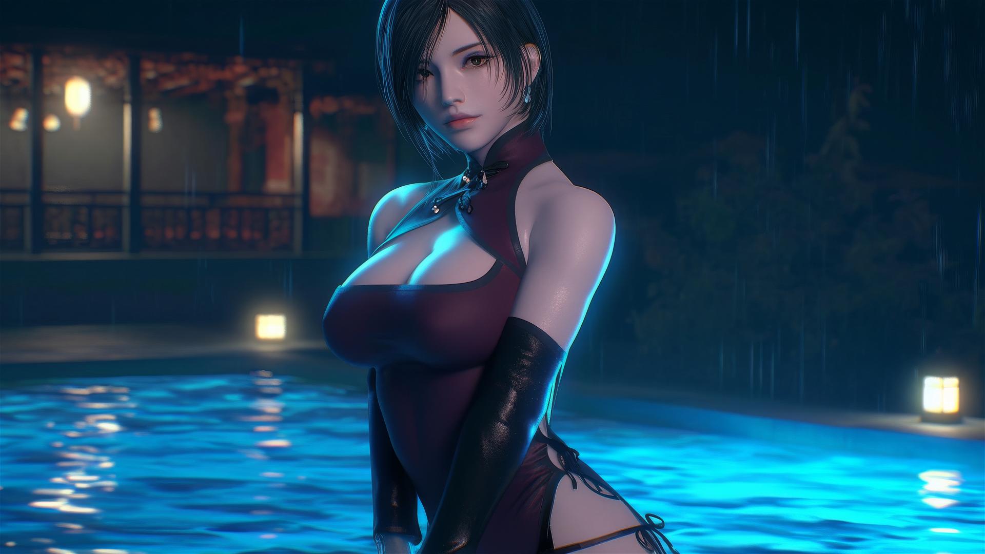 Ada Wong standing in a rainy swimming pool under moonlight.