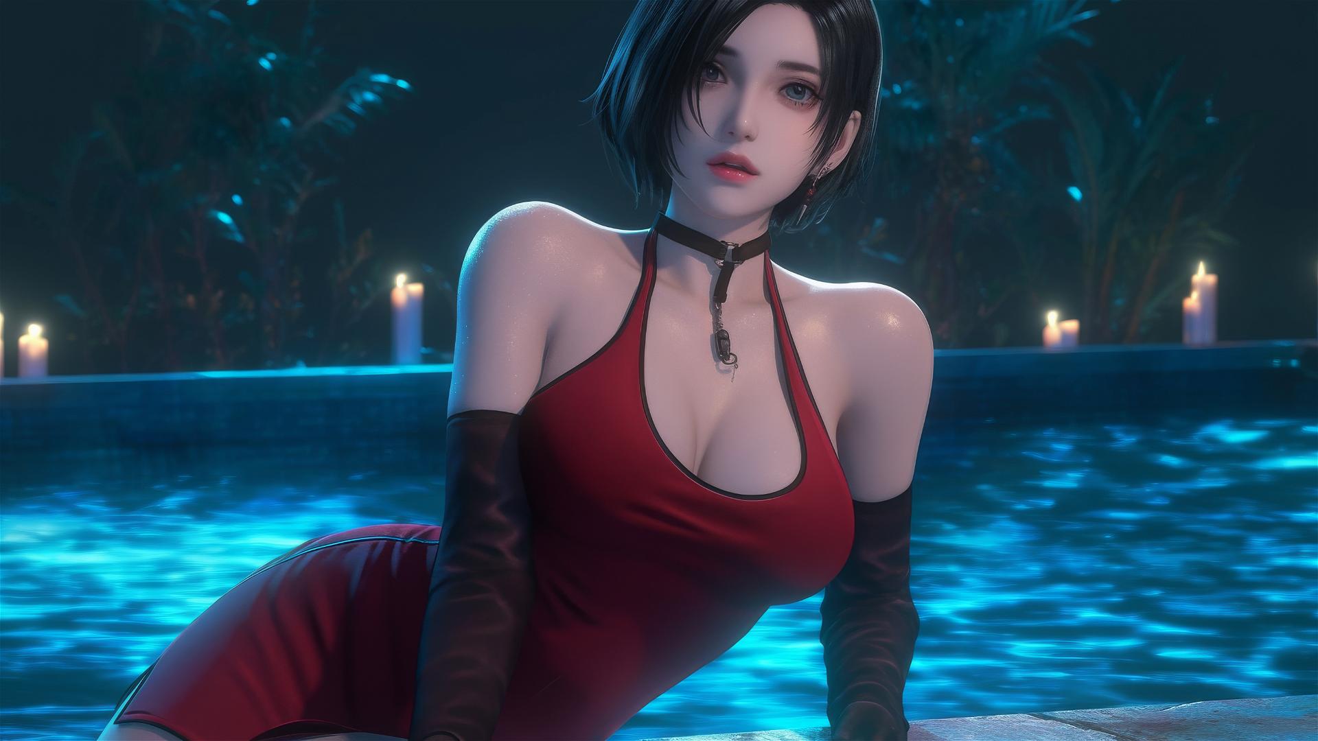 Ada Wong from Resident Evil resting at a rainy swimming pool with moonlight glow