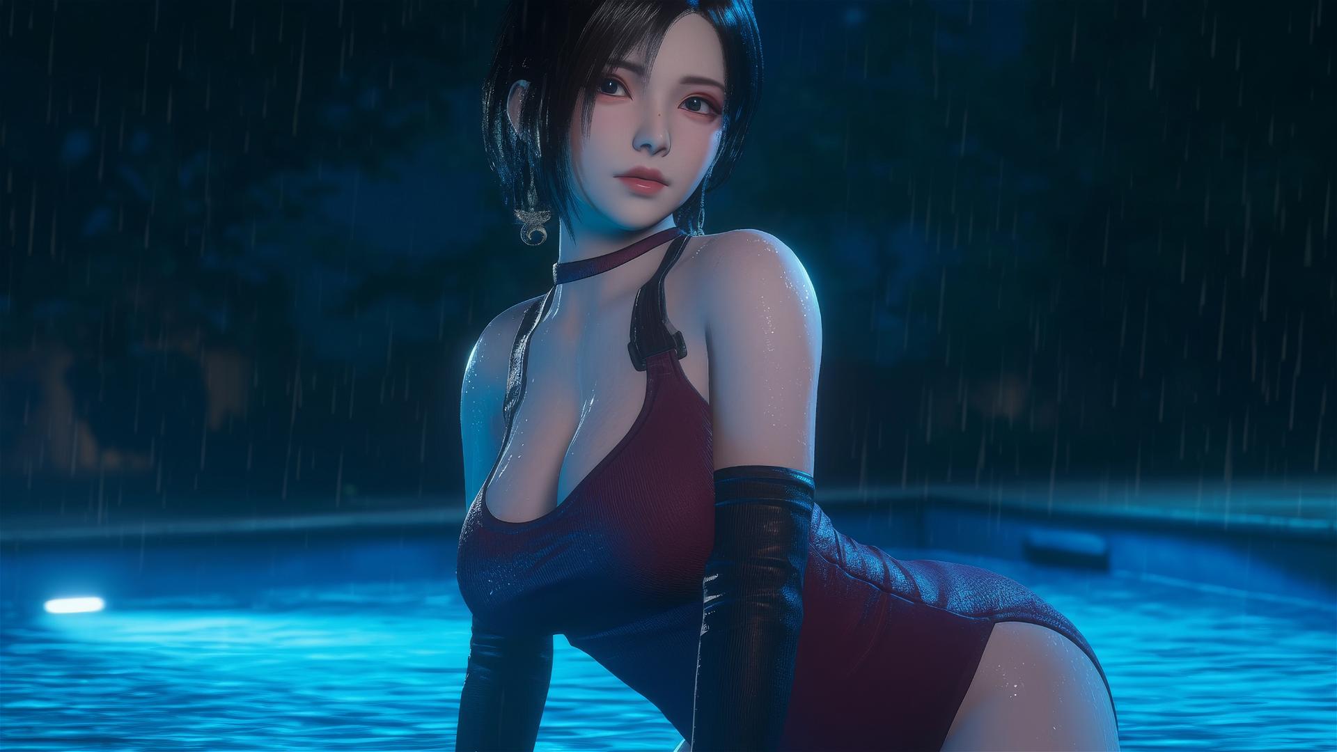 Ada Wong from Resident Evil resting at rainy swimming pool under moonlight.